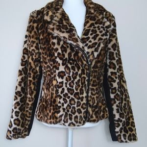 New York & Company Leopard Fur Coat Zipper Lapel Biker Jacket M
